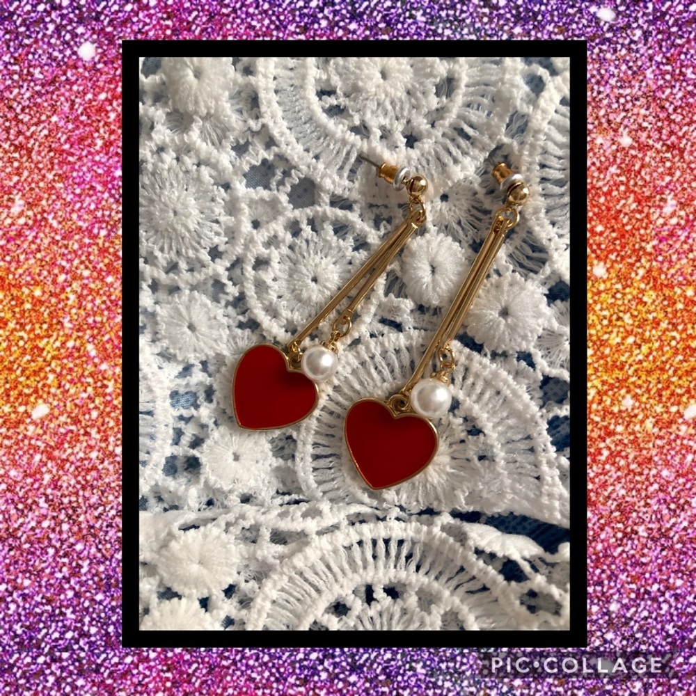 Red Heart Dangle Earrings w/Pearl Accent
